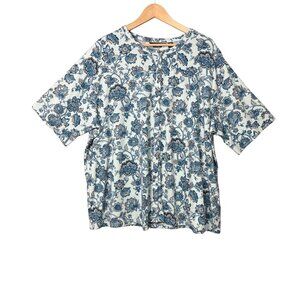 Lands' End Womens Short Sleeve Paisley Floral Top Size 3X Aqua Green Button‎ Up